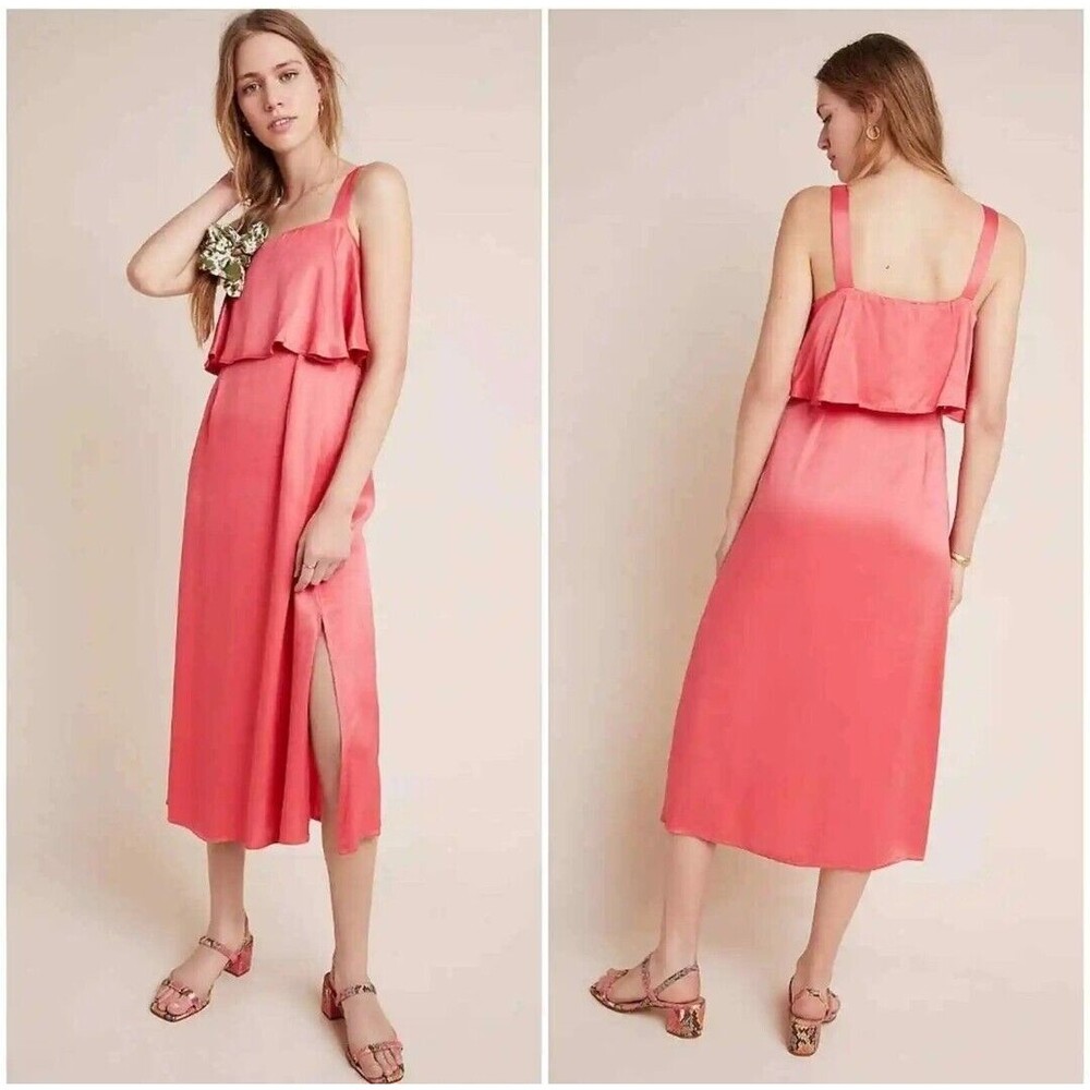 Blnk Londo. Anthropologie Shelley Midi Dress in Coral Size M Satin Fabric Pink
